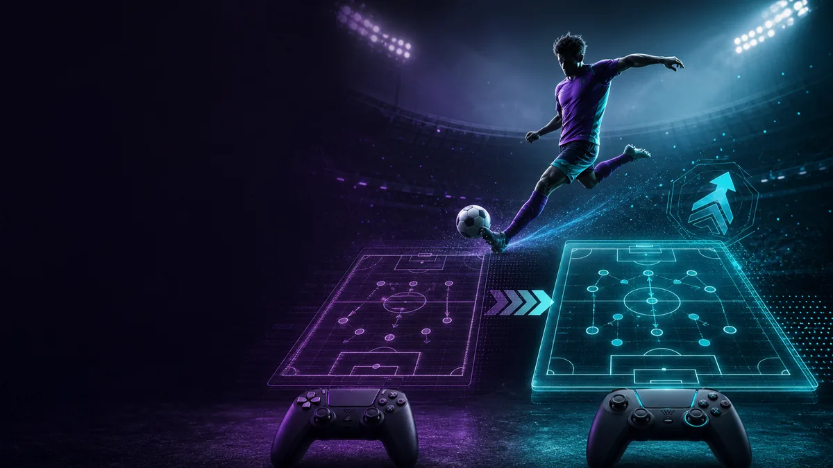 EA Sports FC 26 ve FC 25 karşılaştırması için futbol sahası, taktik ekranı ve oyun kolu