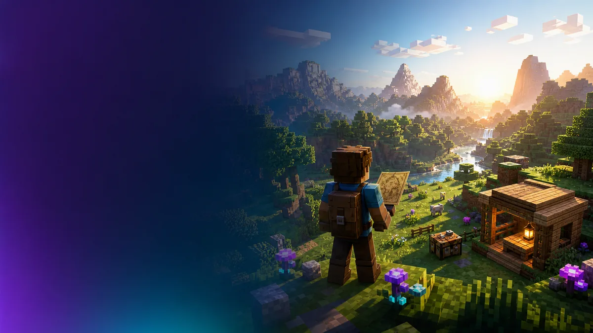 Minecraft başlangıç rehberi için bloklardan oluşan bir dünyada barınak ve keşif sahnesi