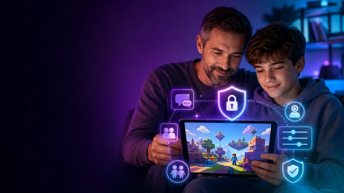 Roblox güvenlik rehberi için ebeveyn ve çocuğun gizlilik kalkanı bulunan oyun ekranına bakması